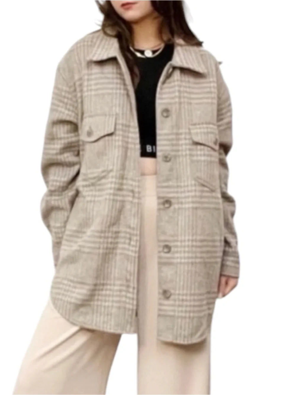 JOIE Plaid Thick Flannel Button-Up Fleece Oversized Shacket in Tan/Cream Size M